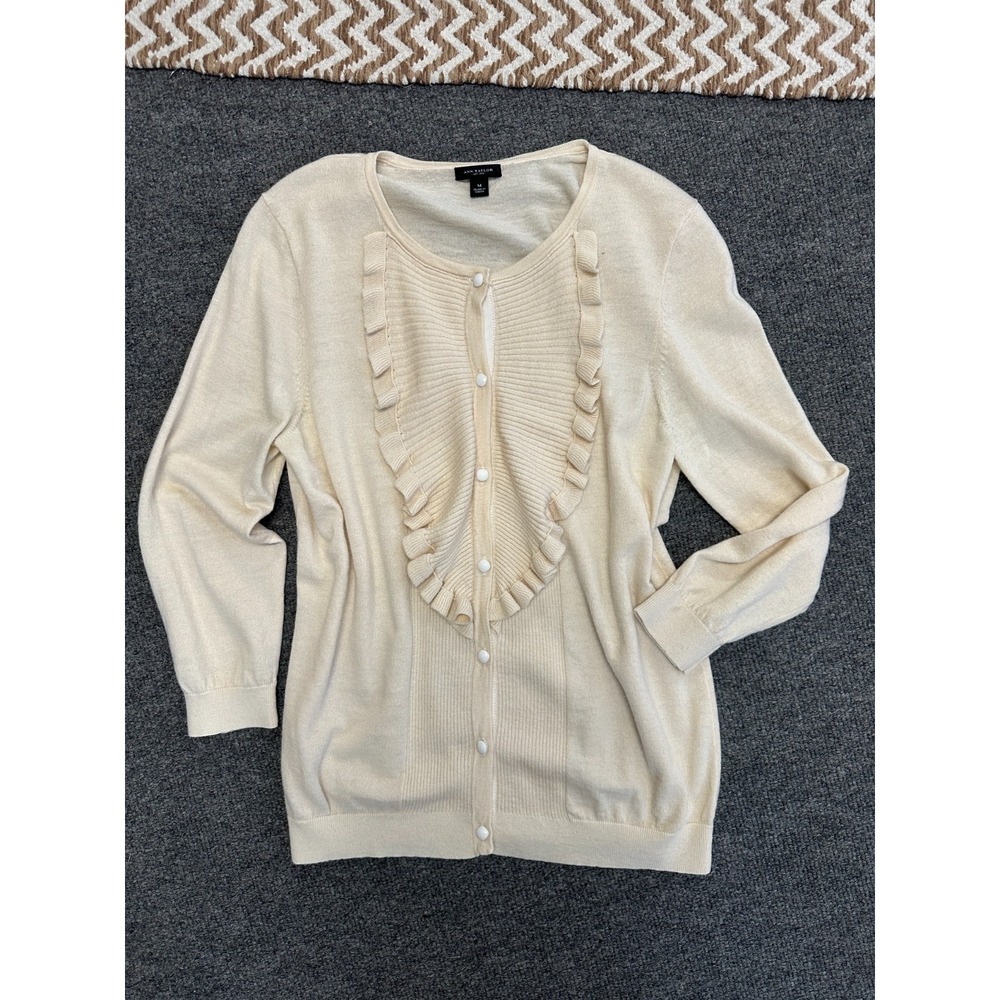 Ann Taylor‎ Cardigan Womens Size M Sweater Wool Silk Cashmere Cream Ruffle Front